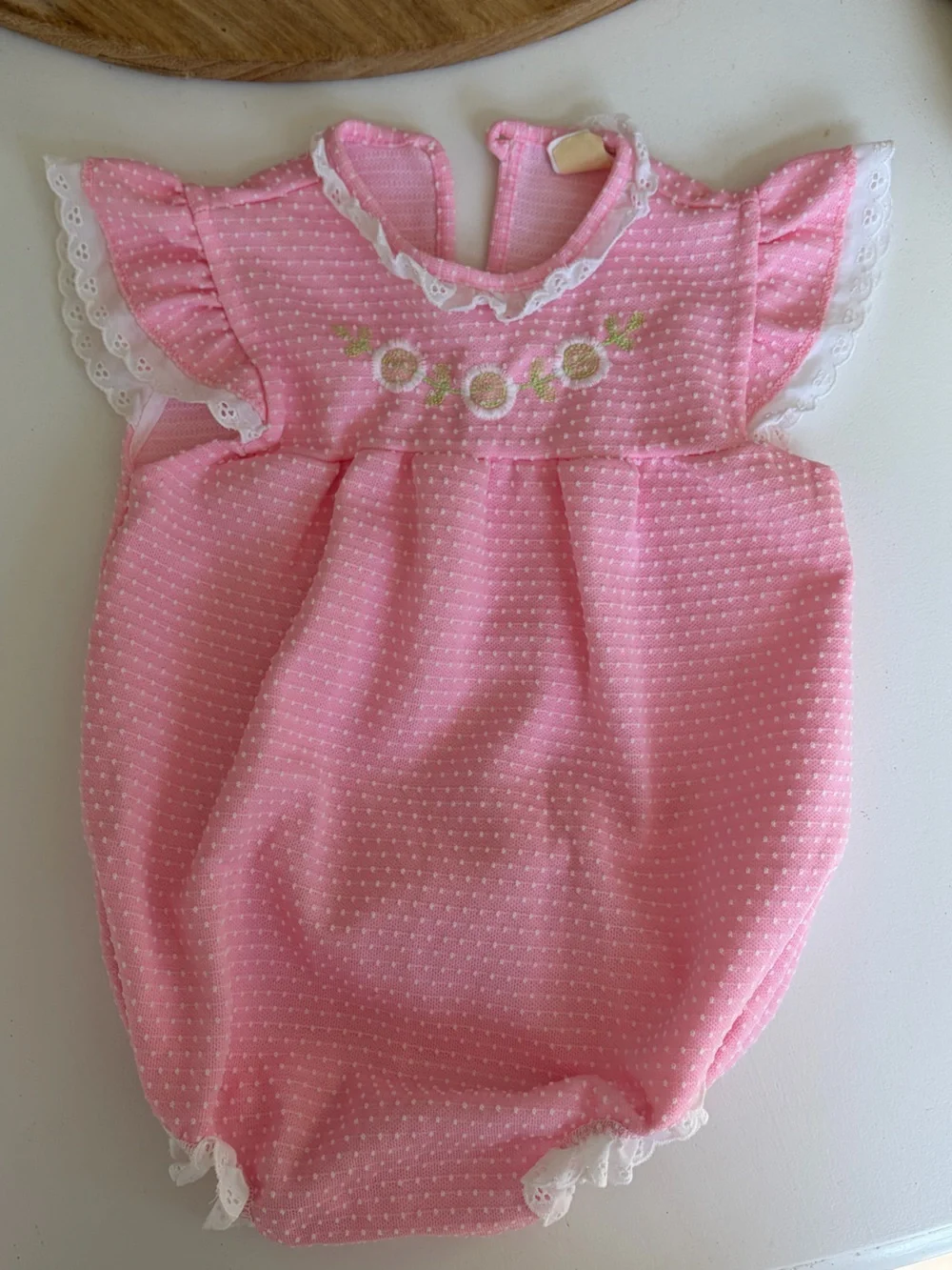 Vintage Pink Floral Embroidered Baby girl  bubble Romper 18m
